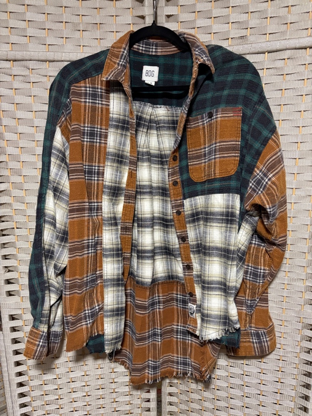 Vintage Urban Outfitters BDG Men's Patchwork Plaid Flannel Shirt - Brown & Green